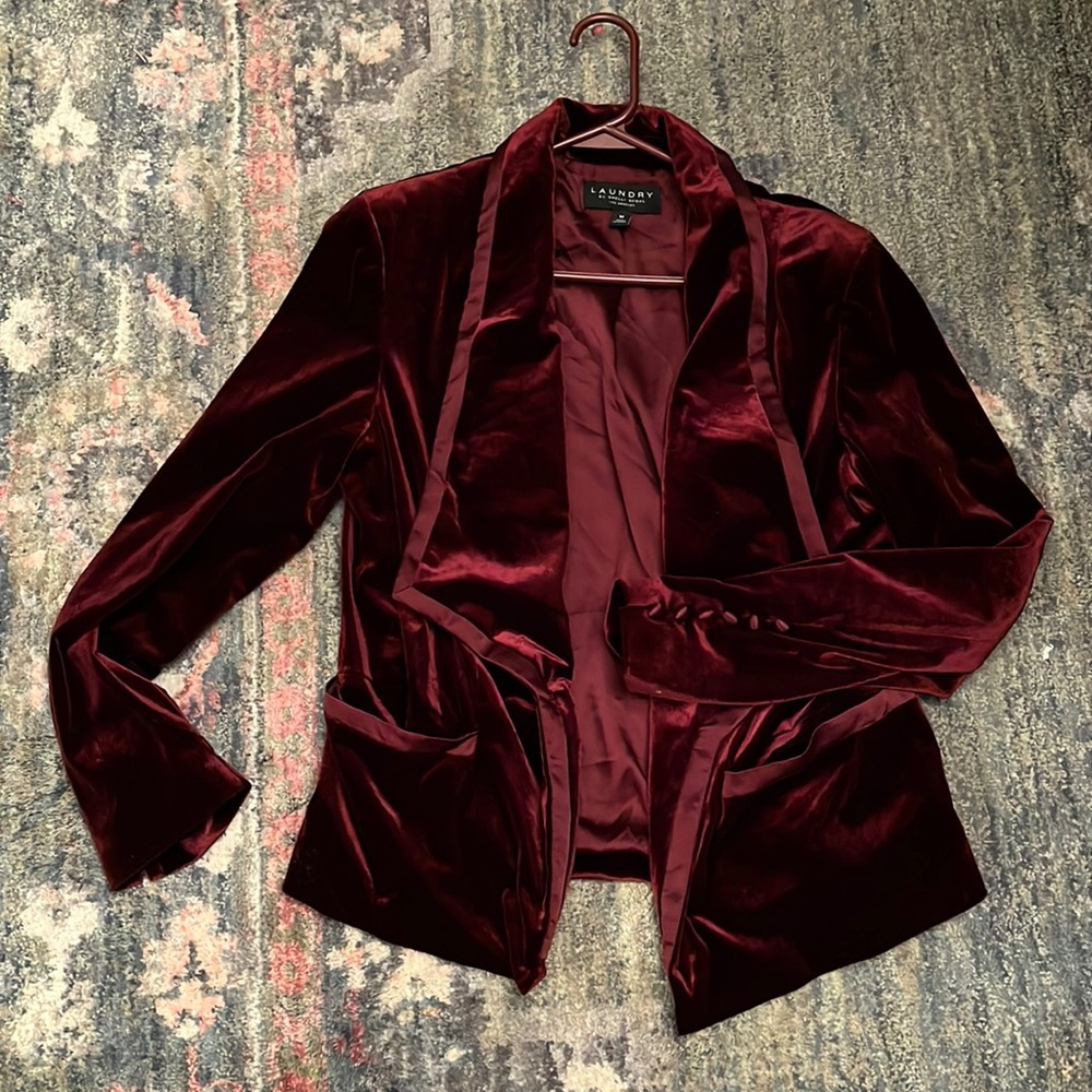 Cranberry velvet tuxedo style jacket